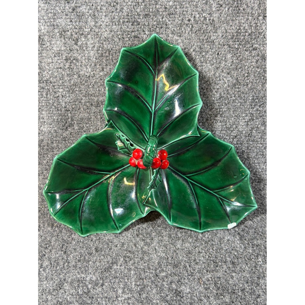Vintage Lefton Japan Holly Leaf Ceramic Candy Dish 3 Section Christmas Green Red